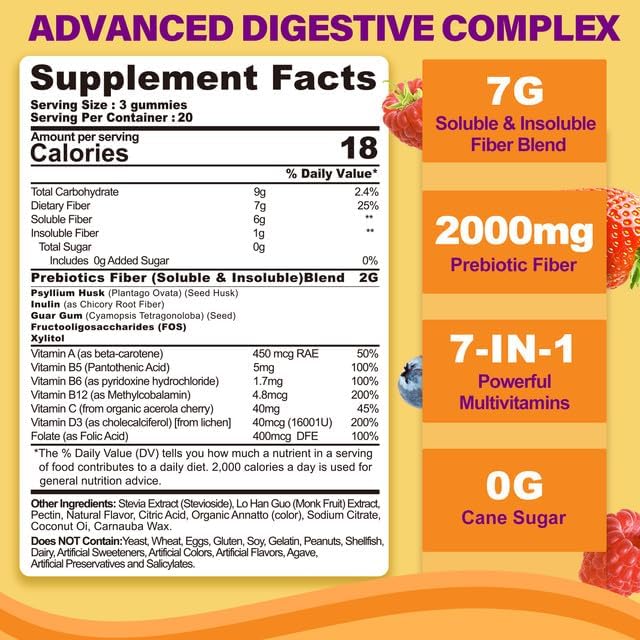 1Pack Fiber Gummies with Probiotics for Adults, 7G Soluble Fi ber + Insoluble Fi ber, Sugar Free with Psyllium Husk, Inulin, Fos, Multivitamins for Daily Digestive Health, Regularity Gut Support
