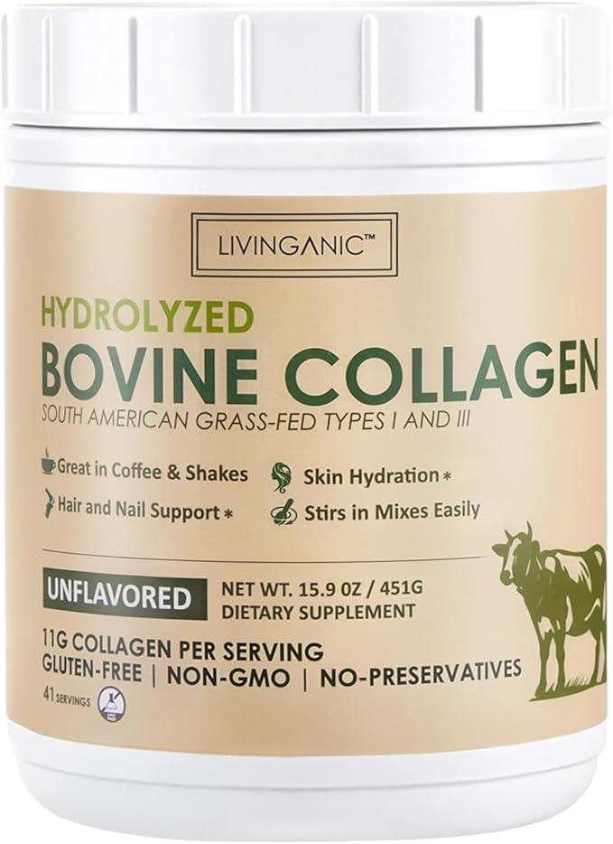 Hydrolyzed Bovine Collagen,15.9oz Types I & III, Grass-Fed, Pasture-Raised Protein, Zero Sugar Supplement for Healthy Skin, Nails, Bones & Joints Unflavored 41 Servings