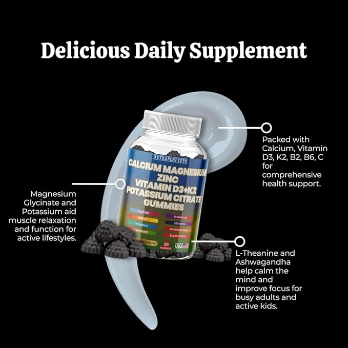 Sugar Free Calcium Gummies for Kids & Adults Citrate Magnesium Glycinate Potassium Vitamin D3 K2 B2 B6 C Irish Sea Moss Ashwaghanda L-Theanine Boron Zinc Gummies for Muscles, Cellular Energy