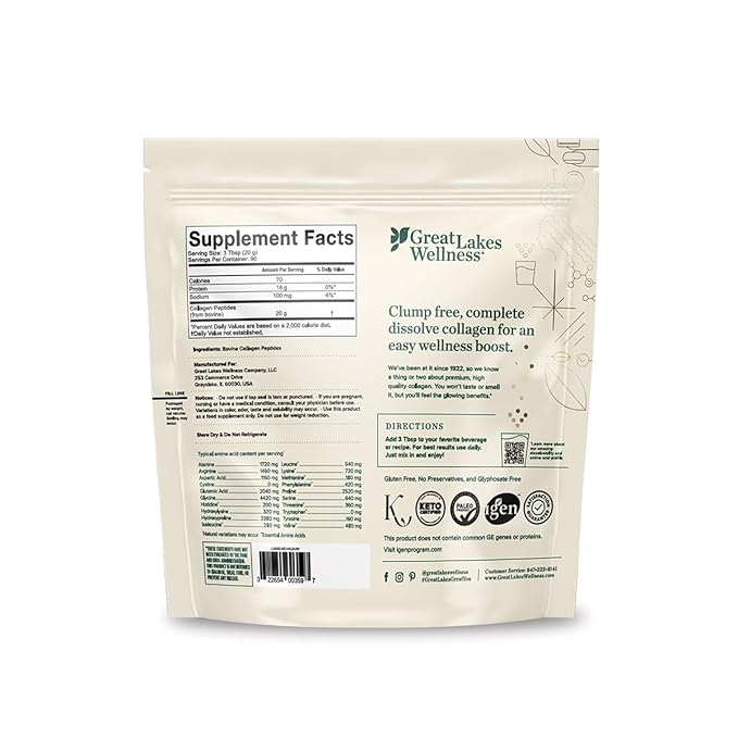 Great Lakes Wellness Collagen Peptides Powder for Skin, Hair, Nails, Joints & Digestion - Unflavored - Quick Dissolve Hydrolyzed, Non-GMO, Keto, Kosher - 4 lb. Value Pouch