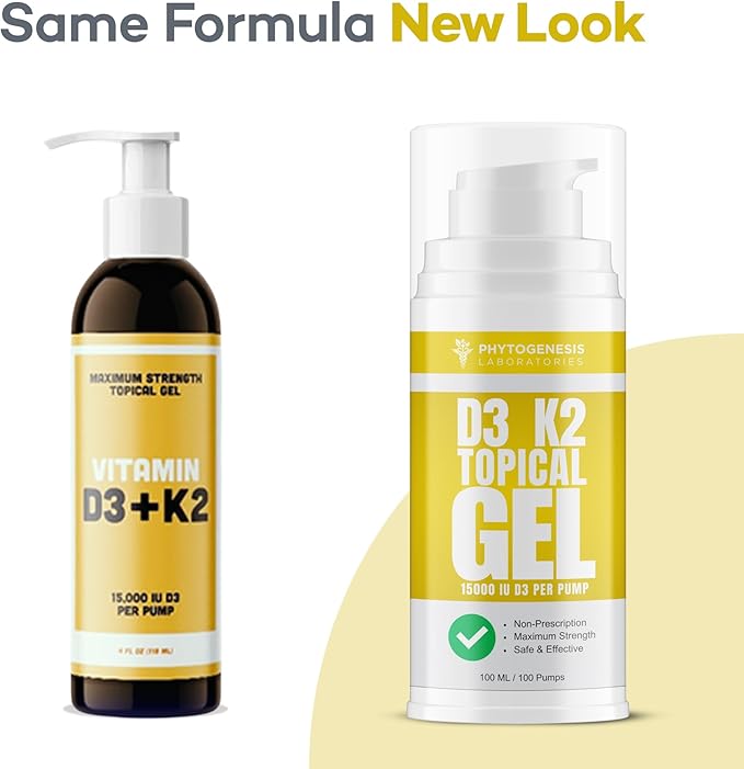 Vitamin D3 K2 Maximum Strength Topical Gel - 15000+ IU Per Pump - The Sunshine Vitamin - Supports Bone & Joint Health, Immune Support - One Month Supply