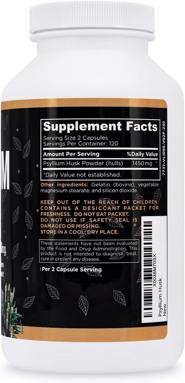 PSYLLIUM Husk Capsules - Premium Psyllium Fiber Supplement - Promotes Intestinal Health and Regularity - 100% Natural Soluble Fiber 1450mg Per Serving - 240 Capsules