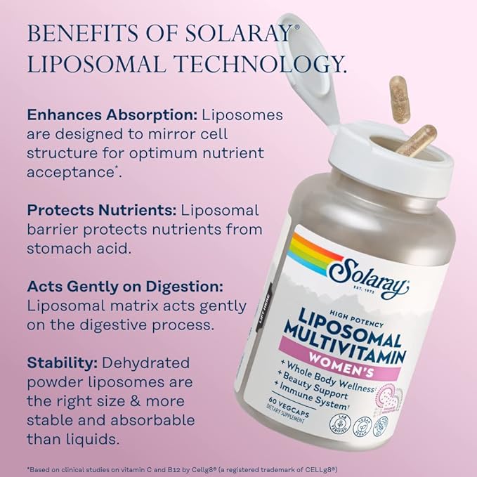 SOLARAY Liposomal Multivitamin for Women, Enhanced Absorption, High Potency w/Iron, Vitamin D, Vitamin C, B12, Biotin, CoQ10, Immune Support, Bone Health, Vegan, 60 Servings, 120 VegCaps