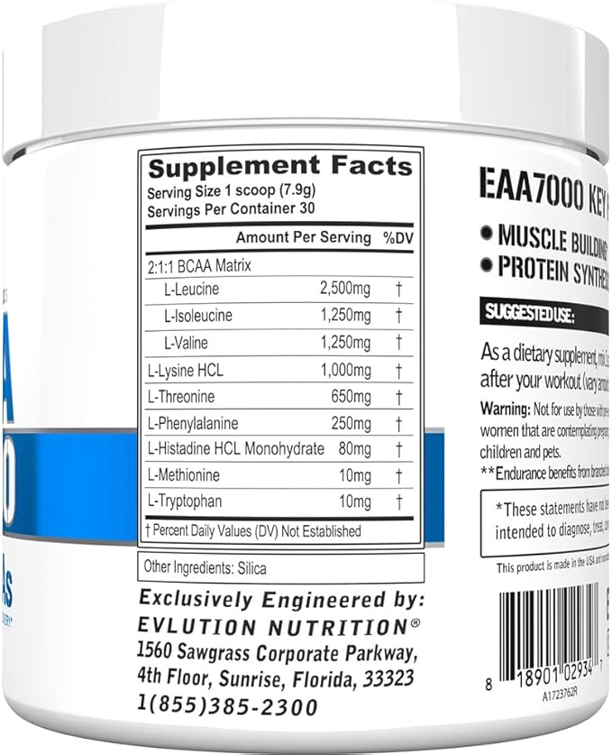 Evlution Nutrition EAA7000 - Pre & Post Workout Powder - Muscle Building + Recovery Supplement - 7g Essential Amino Acids + 5g BCAAs - Endurance + Energy Support - 30 Servings - Unflavored