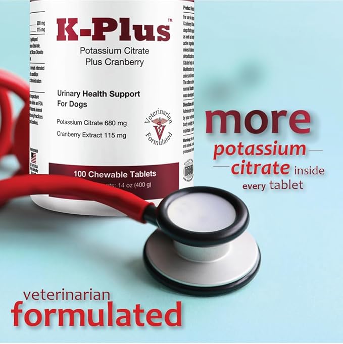 K-Plus Potassium Citrate Plus Cranberry Supplement for Dogs - UTI Remedy Chewable Tablets - Supports Bladder Health - for Every Dog Breed, 200 Chewable Tablets