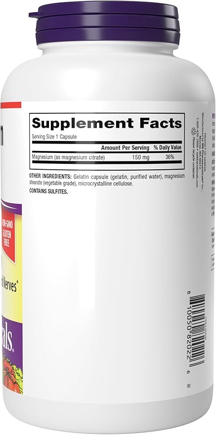 Webber Naturals Magnesium Citrate, 150 mg Per Capsule, 250 Capsules, High Absorption, Helps Support Bones, Teeth and Proper Muscle & Heart Function, Gluten & Dairy Free