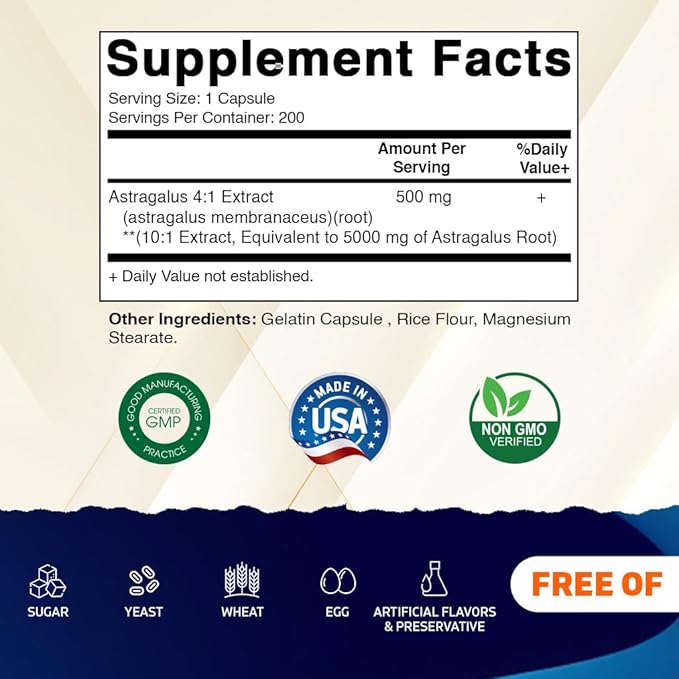 Vitamatic Astragalus Capsules 200 Veg Capsules - 10:1 Astragalus Extract 500mg - Non-GMO, Gluten-Free