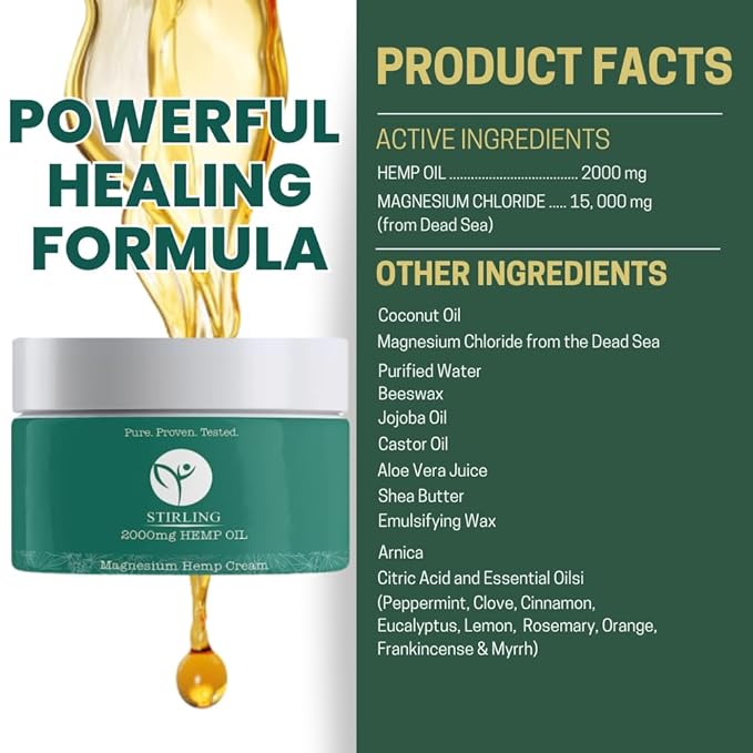 STIRLING Magnesium Cream - 2000mg Hemp Oil + Magnesium & Arnica - Promotes Relief for Joint and Muscle Discomfort, Back Support, and More - Made in USA with Premium Ingredients