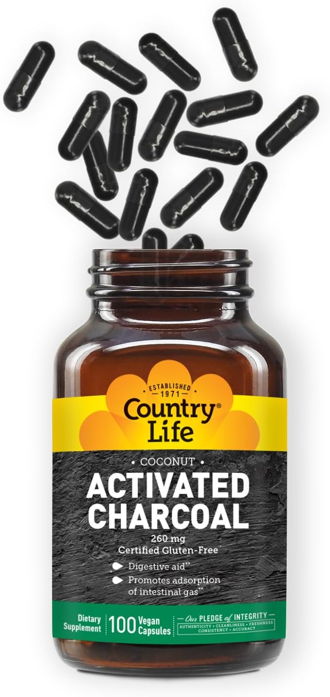 Country Life Coconut Activated Charcoal Capsules, 260mg – Natural Charcoal Supplement for Gas and Bloating Relief - Gluten-Free, 100 Vegan Capsules