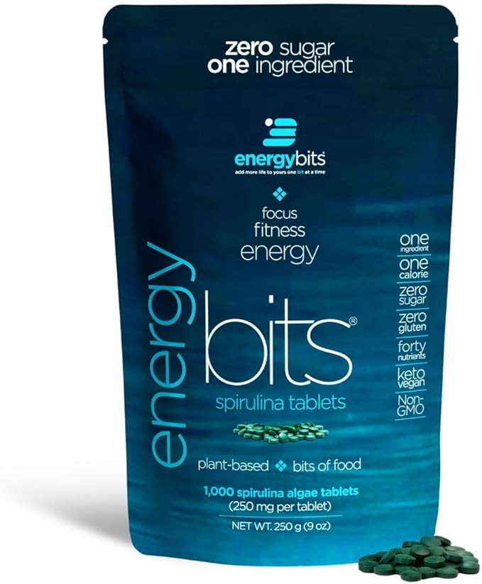 ENERGYBITS - Organic Spirulina Tablets - Plant-Based Algae Superfood - for Focus, Fitness, Energy - Plant Protein - Gluten Free - Collagen, Vitamin B12, Omega 3 - Keto & Vegan - 1000 Algae Tablets