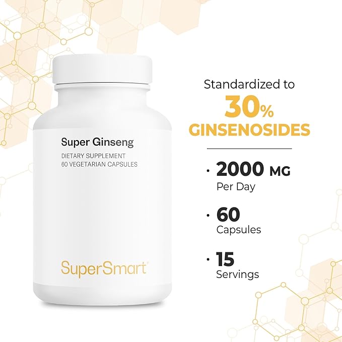 Supersmart - Ginseng 30% 2000mg per Day (High Strength) - Radix Panax Ginseng Supplement - Ginseng CA Meyer 30% Ginsenosides | Non-GMO & Gluten Free - 60 Vegetarian Capsules