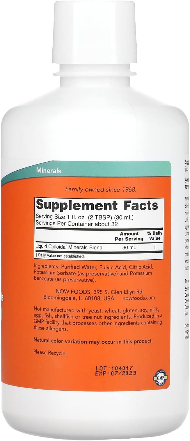 NOW Foods Supplements, Colloidal Minerals Liquid, Plant Derived, Essential Trace Minerals, 32-Ounce