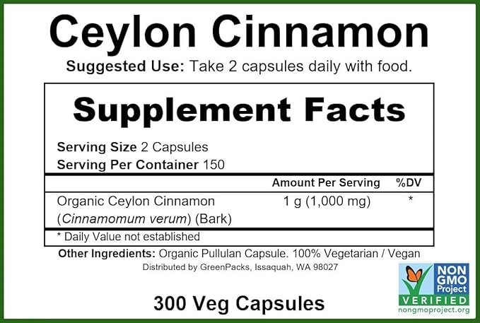 GreenPacks® | Ceylon Cinnamon Capsules | Organic True Cinnamon | Non-GMO Supplement - 300 Capsules