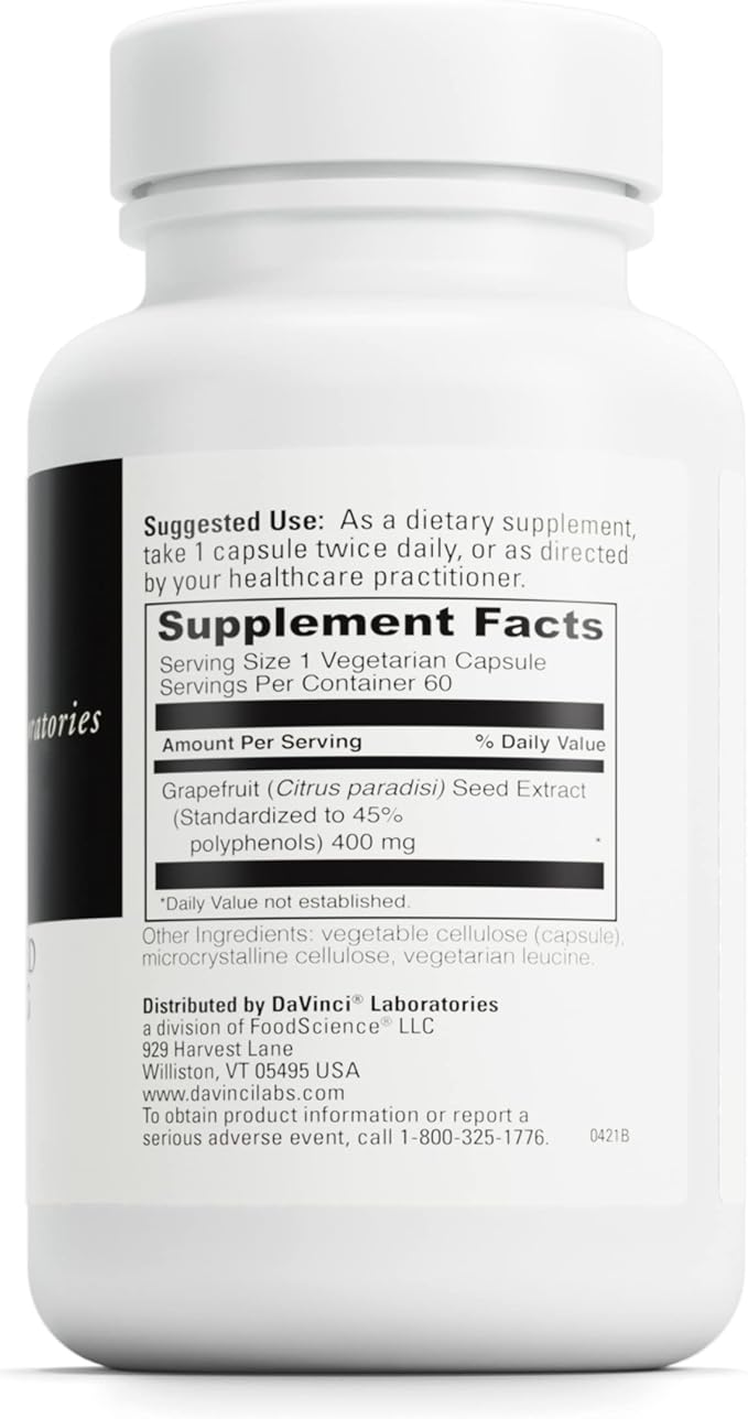 DAVINCI Labs Grapefruit Seed Extract 400 mg - Supports GI & Digestive Gut Health - Gluten Free, Vegetarian - 60 Capsules (30-Day Supply)