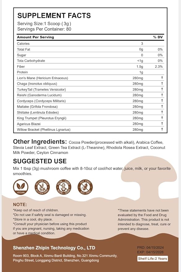 Mushroom Coffee Powder Organic (80 Servings) Instant Coffee Natural Ingredients - Lion's Mane, Cordyceps, Reishi, Chaga Mushrooms Powder Supplement Better Focus and Immunity, Gut Digestion