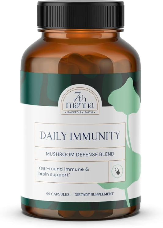 Daily Immunity - Mushroom Supplement Capsules with Lion’s Mane, Turkey Tail, Cordyceps, Reishi - Brain Support, Focus, Energy & Immune Booster - 60 Ct