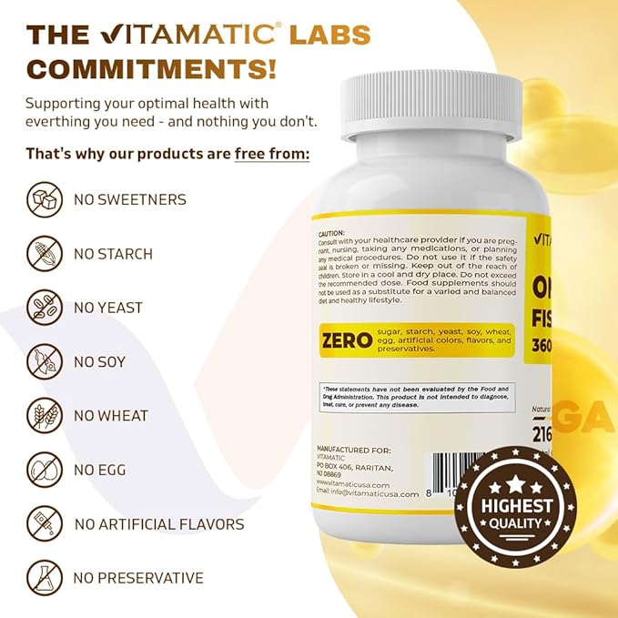 Vitamatic Triple Strength Omega 3 Fish Oil 3600mg Per Serving, 2160mg Omega 3 Fatty Acids, 1296mg EPA + 864mg DHA, Burpless Lemon Flavor, 180 Softgels