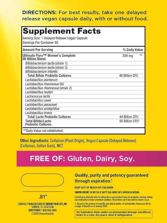 Ultimate Flora Probiotics Women's Complete 90 Billion CFU Delayed Release Vegan Capsules | Vaginal | Digestive Health | Immune Health | Dairy Free | 60 Count