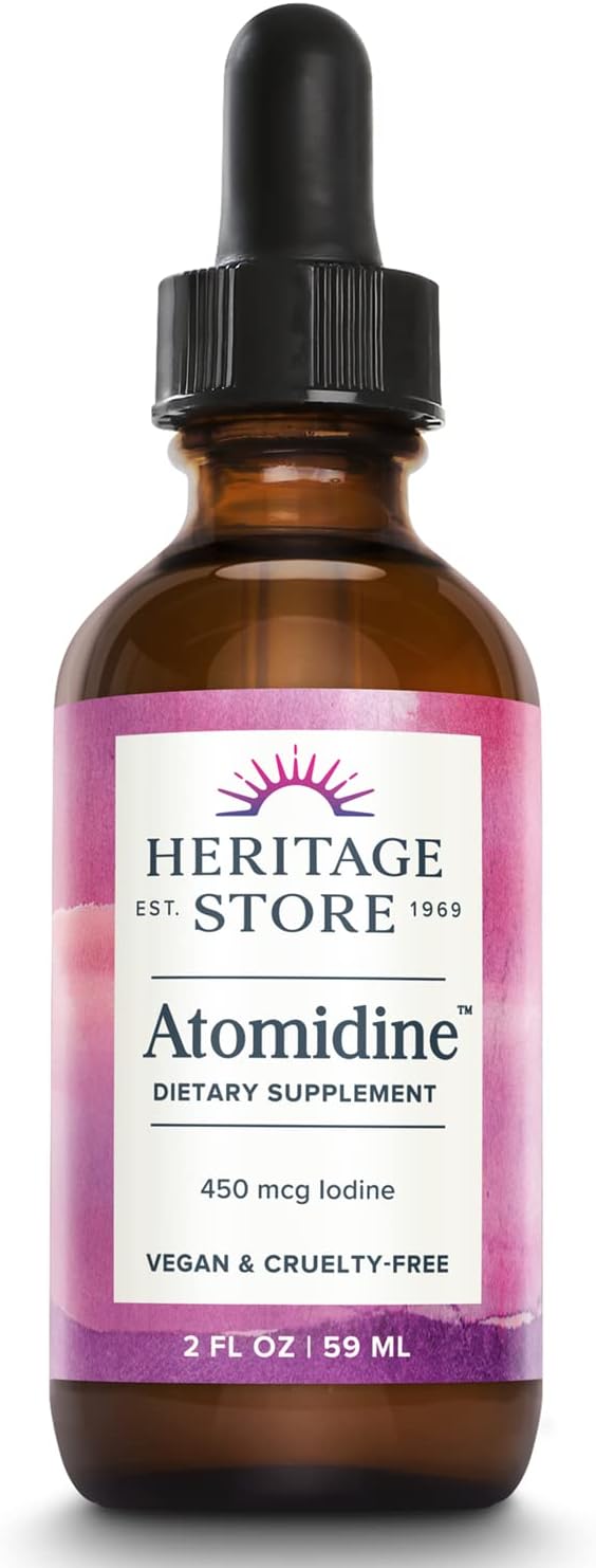 Heritage Store Atomidine 450mcg Liquid Iodine Drops, Electrically Charged Iodine Supplement for Healthy Thyroid Support,* Bioavailable Formula, Vegan & Cruelty Free, Approx. 960 Servings, 2 fl oz