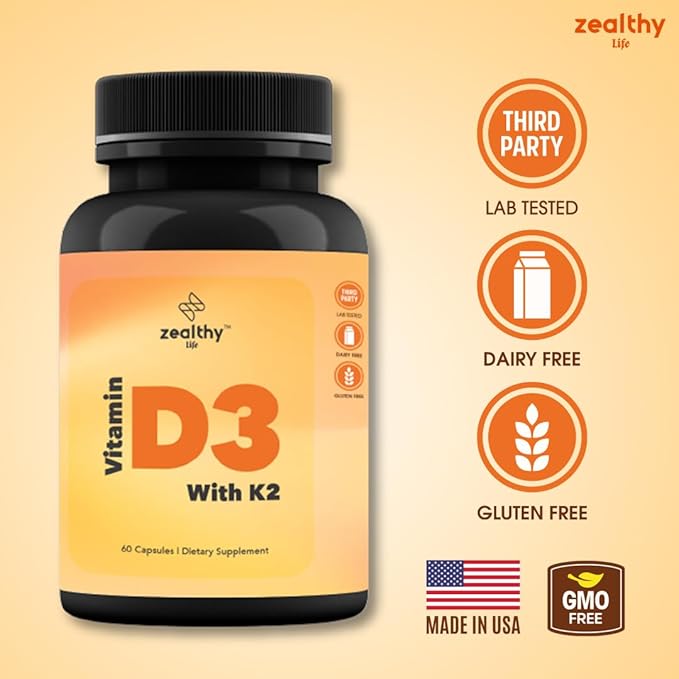 Vitamin D3 + K2 - High Potency Bone & Heart Health Formula* - 60 Easy-to-Swallow Capsules | Zealthy Life - 60 Capsules
