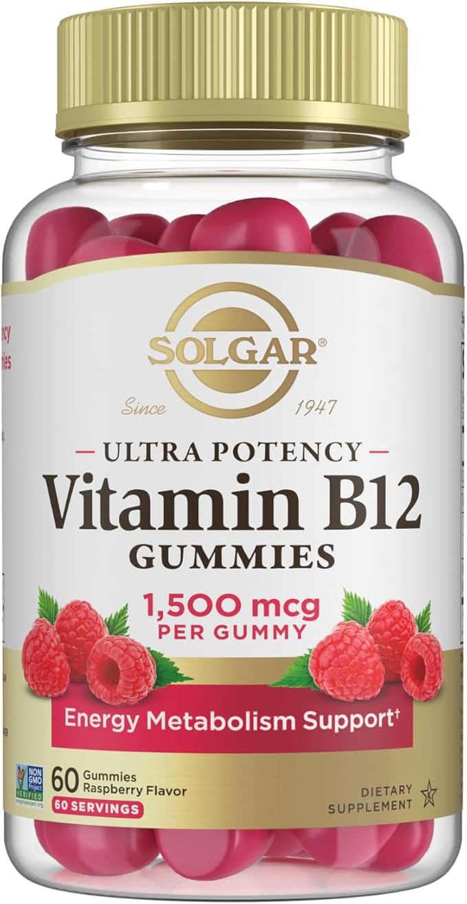 Solgar Methyl B12 Gummies for Adults 1,500mcg Ultra Potency Vitamin for Energy & Metabolism Support, Raspberry Flavor, Vegan & Gluten-Free Gummy for Women & Men, 2 Month Supply, 60 Servings, 2g Sugar