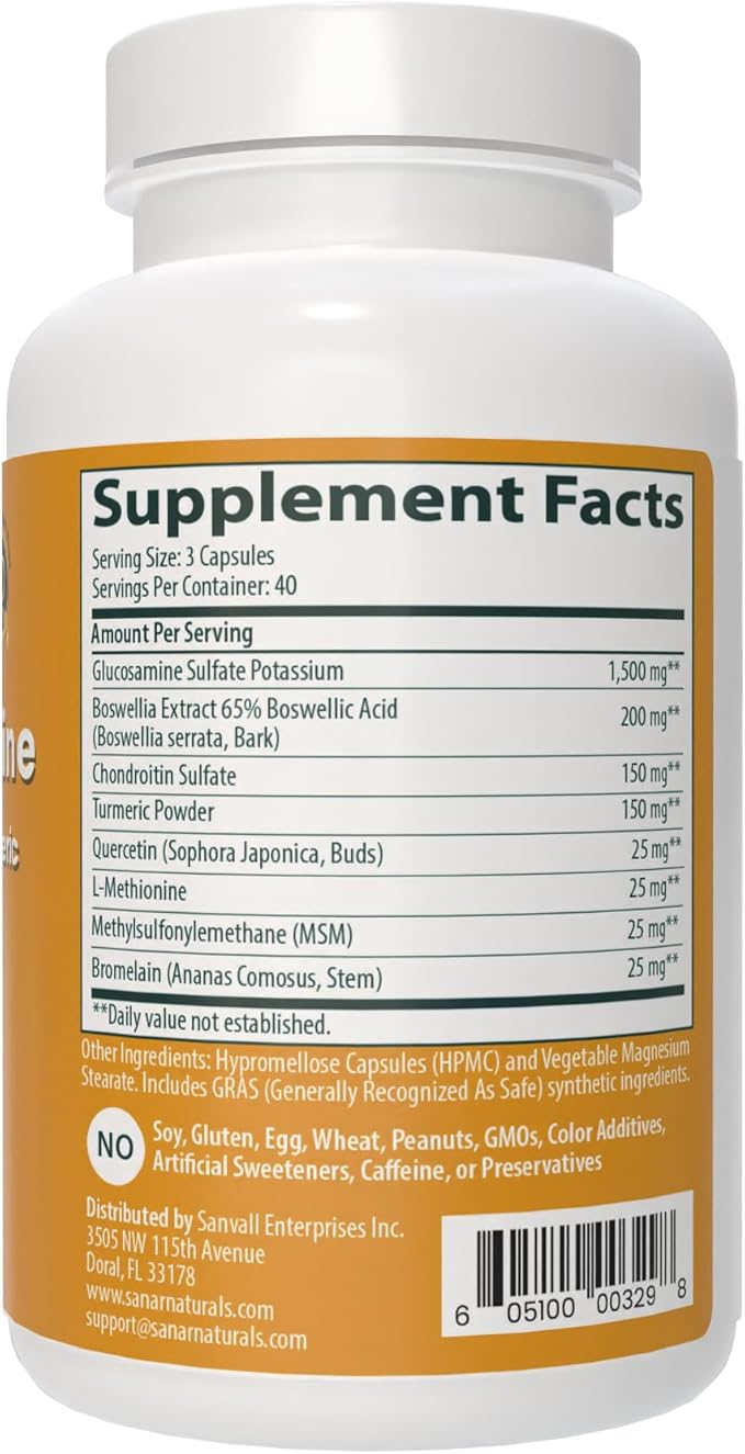 Sanar Naturals Glucosamine Chondroitin MSM Turmeric - Joint Support Supplement for Knees, Back, Hands, and Body - Non-GMO, Gluten Free, 120 Capsules