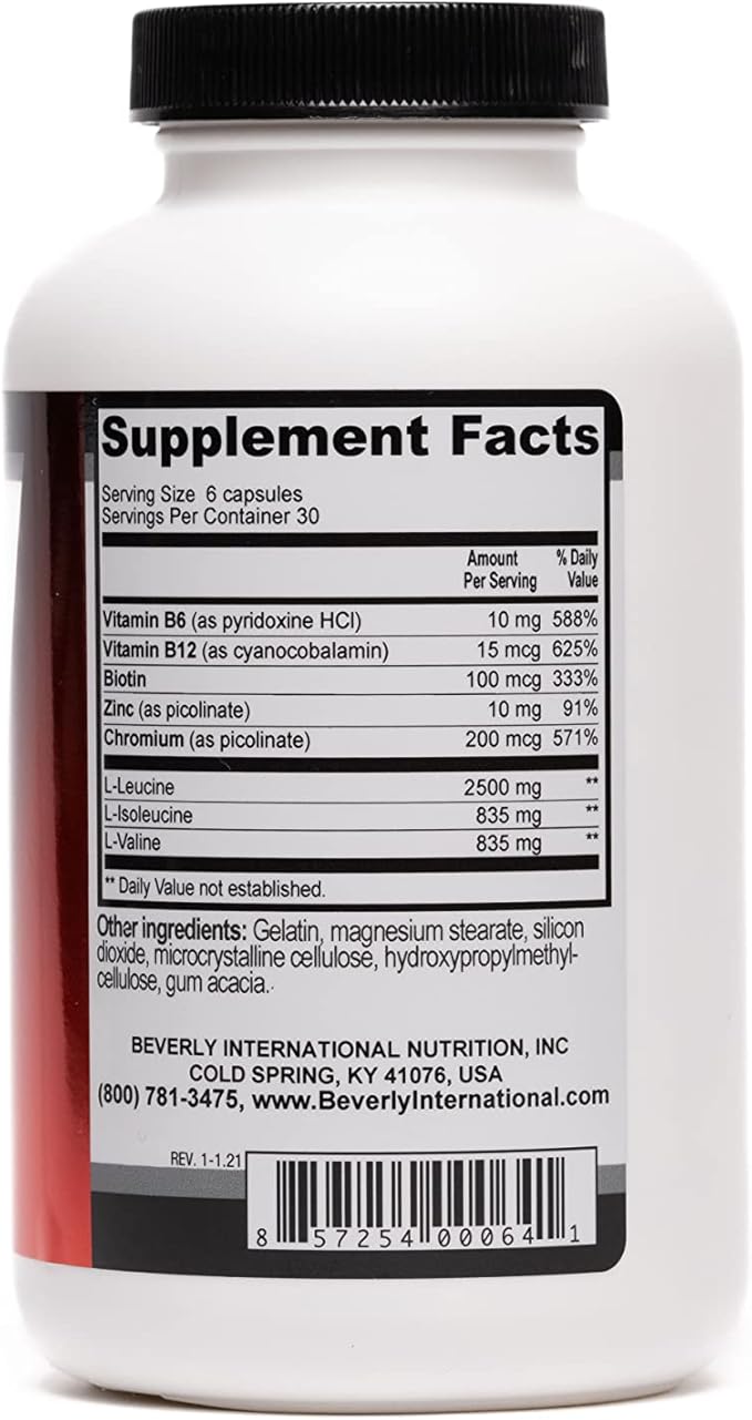 Beverly International Muscularity Specialty BCAA Formula, 180 Capsules. Branched Chain Amino Acids + Chromium Picolinate, B6-B12. Improves Energy Metabolism - Muscle Recovery - Muscle Guard.