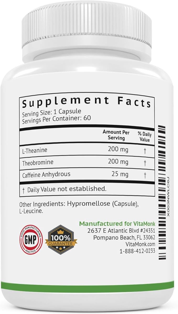 VitaMonk Low Dose Caffeine and Theanine - No Jitters, No Crash- Microdose of Caffeine L Theanine Pills with Caffeine Theanine and Theobromine - 25mg of Caffeine, Caffeine Pills L Theanine - 60 Caps