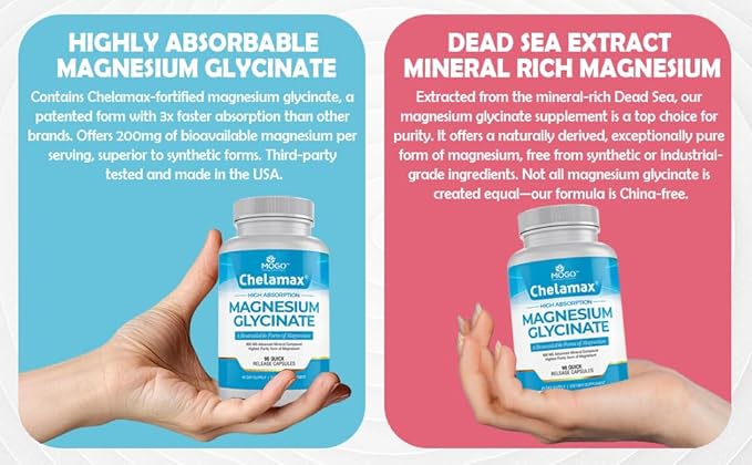 Chelamax Magnesium Glycinate.Dead Sea Magnesium Supplement for Restful Sleep,Muscle Cramps,Nerves,Digestive Support,3rd Party Tested,Heavy Metal Free,Pure Magnesium Glycinate Capsules.