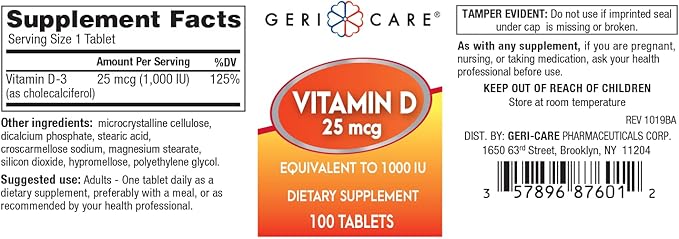 GeriCare Vitamin D 25mcg Tablets, Promotes Healthy Bones & Immune Support, Dietary Supplement, 100 Count (Pack of 1)