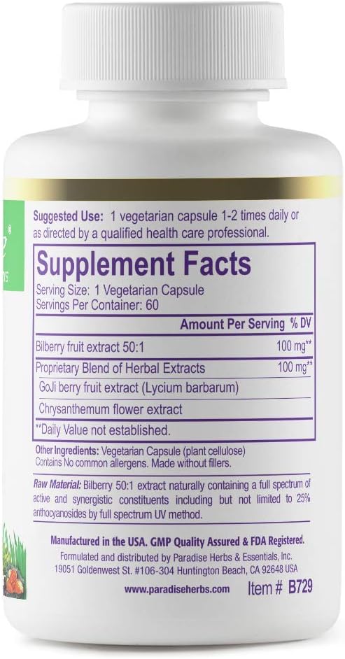 Paradise Herbs Bilberry with Goji & Chrysanthemum Supplements, Super Potent, Ultra Pure, Non-GMO, Gluten Free, Vegan, 60 Vegetarian Capsules
