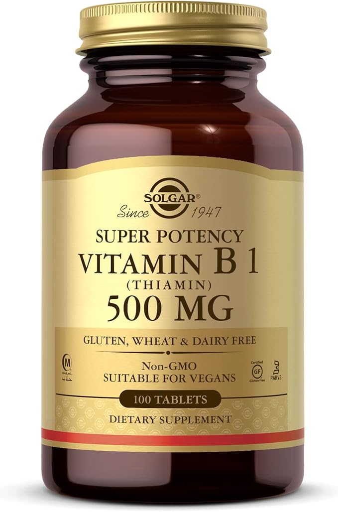 Solgar Vitamin B1 (Thiamin) 500 mg, 100 Tablets - Energy Metabolism, Healthy Nervous System, Overall Well-Being - Super Potency - Non-GMO, Vegan, Gluten Free, Dairy Free - 100 Servings