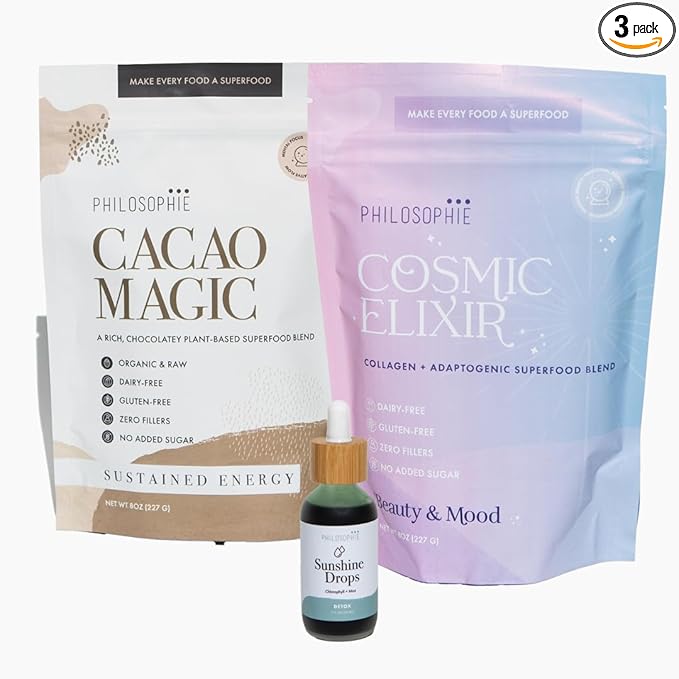 Philosophie Sunshine Drops, Cacao Magic, & Cosmic Elixir Bundle - Liquid Chlorophyll & Superfood Powder Blends - All Natural Plant-Based 3pack