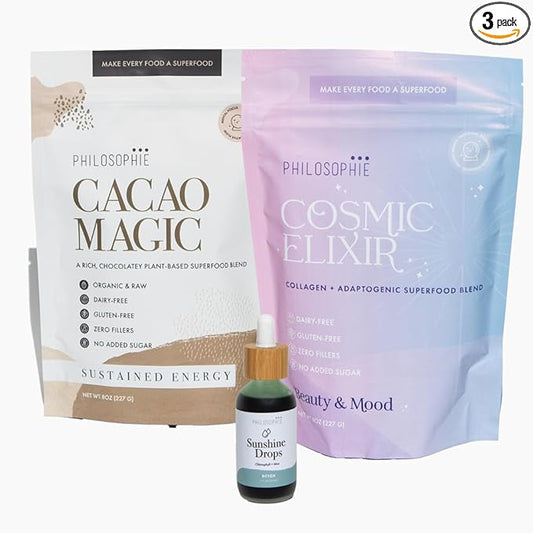 Philosophie Sunshine Drops, Cacao Magic, & Cosmic Elixir Bundle - Liquid Chlorophyll & Superfood Powder Blends - All Natural Plant-Based 3pack