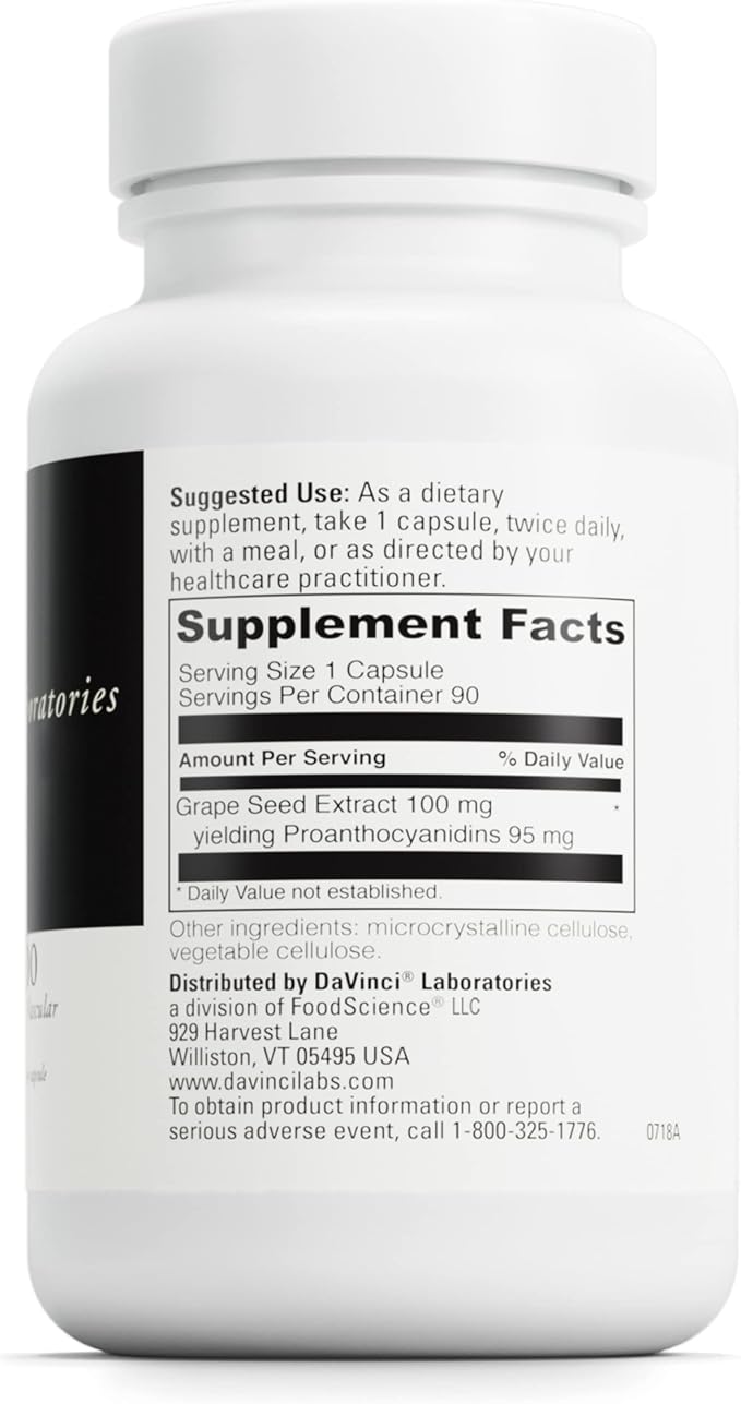 DAVINCI Labs Grape Seed-100 - Dietary Supplement to Support Immune System, Vascular Function and Healthy Skin* - with 100 mg Grape Seed Extract per Serving - Gluten-Free - 90 Vegetarian Capsules