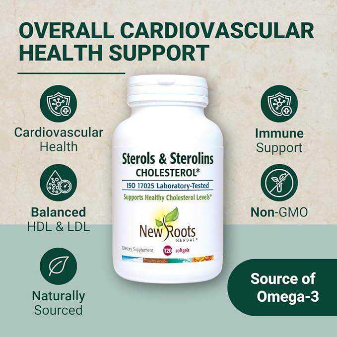 NEW ROOTS HERBAL Plant Sterols and Sterolins Supplement with Organic Flaxseed | Stanols or Phytosterols for Cholesterol Support with Source of Omega-3s (120 Softgels)