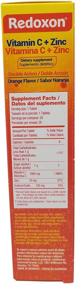 Redoxon Vitamin C Tablets | Orange Flavor, Effervescent Double Action Supplement of Vitamin C and Zinc for Immune System Support, Healthier Lifestyle, and More Energy; 3-Pack of 20 Tablets