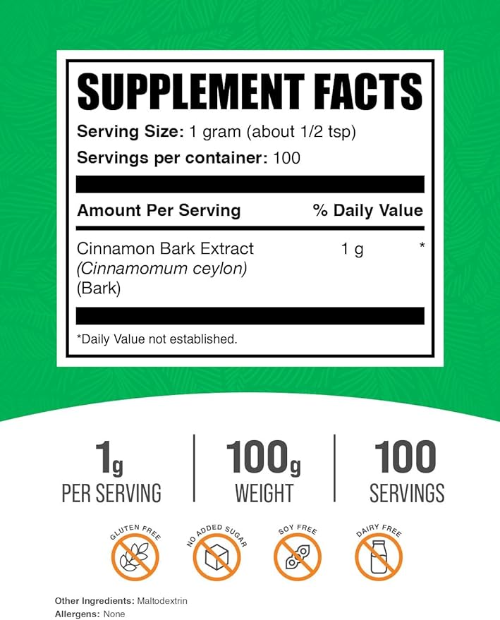 BulkSupplements.com Ceylon Cinnamon Extract Powder - Cinnamon Extract, Cinnamon Ceylon - Cinnamon Supplement, Pack of 1 - Gluten Free & Soy Free, 1000mg per Serving, 100g (3.5 oz)
