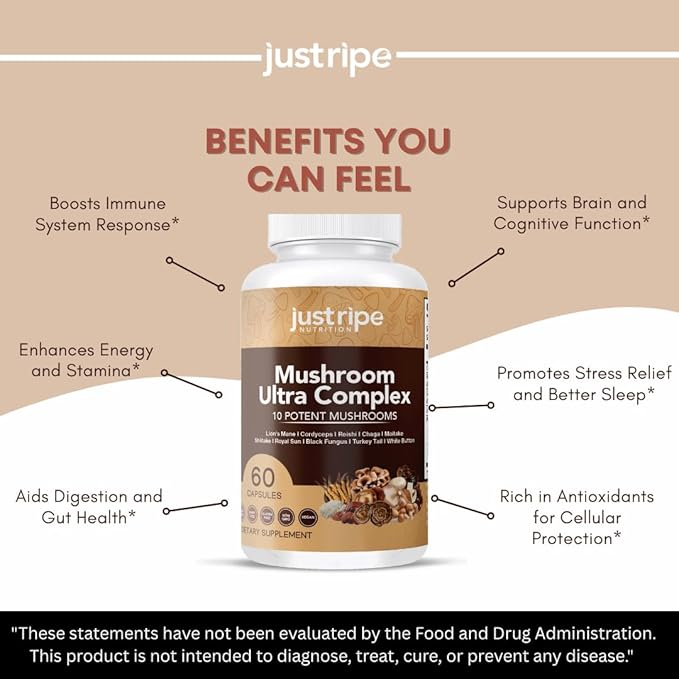 Mushroom Ultra Complex - Reishi, Cordyceps, Lions Mane & Shiitake - Immune System Booster & Nootropic Brain Supplement - Enhance Memory and Focus - Stress Relief - 60 Capsules