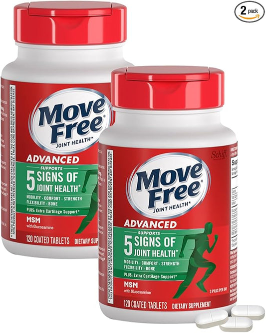 Move Free Advanced Plus MSM Coated Tablets, Joint Health Supplement with Glucosamine and Chondroitin, 120 Count, Pack of 2