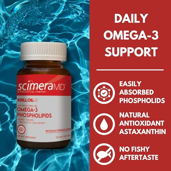 ScimeraMD® KrillOilMD Antarctic Krill Oil Omega 3 DHA EPA Supplement with Astaxanthin for Heart, Brain, and Joint Support, 60 CT