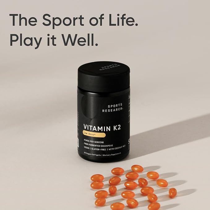 Sports Research Low Dosage Vitamin K2 as MK-7 45mcg with Coconut MCT Oil - Vegan Certified, Non-GMO Verified & Gluten-Free - 90 Softgels