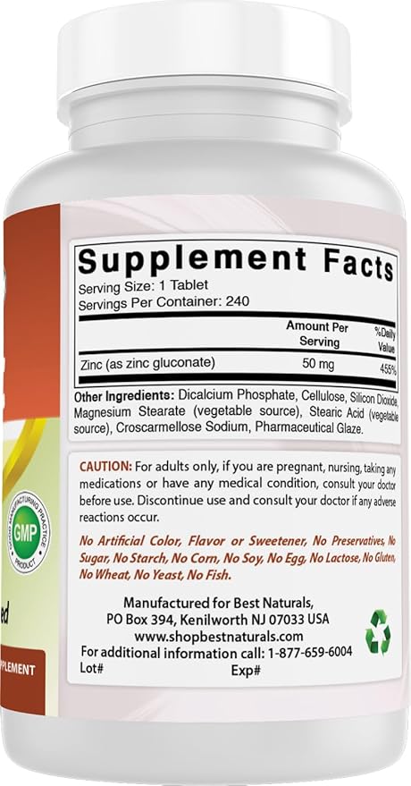 Best Naturals Zinc Supplement as Zinc Gluconate 50mg 240 Tablets Pack of 3