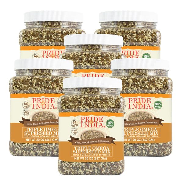 Pride Of India - PACK of 6 - Triple Omega Superseed Mix - Protein, Fiber, Calcium, Iron, Omega-3, Omega-6, & Thiamin Rich Superfood w/Chia Flax & Sesame Seeds, 1.25 Pound (20oz) Jar