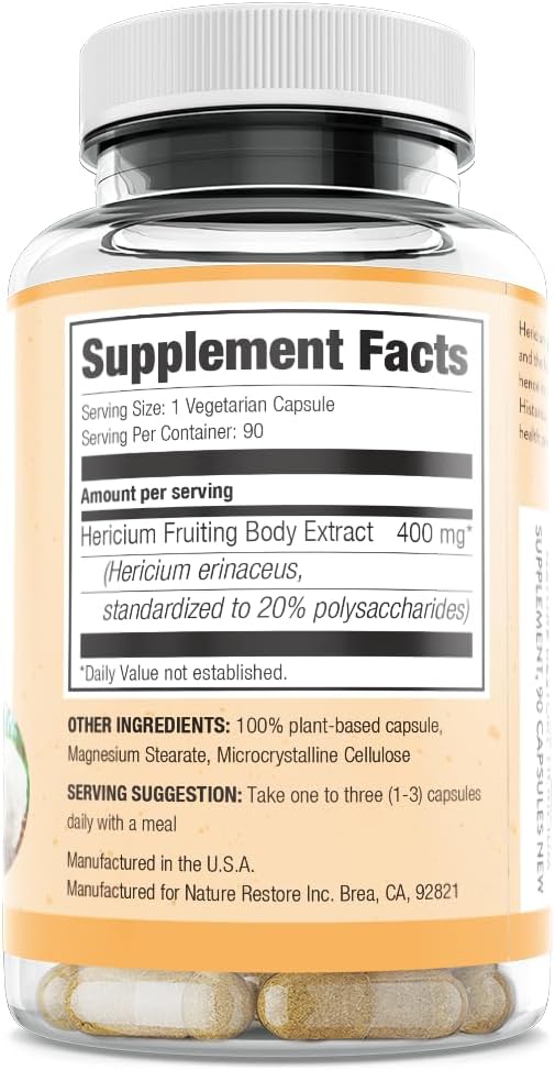 Nature Restore Hericium Erinaceus Extract Mushroom Supplement, 90 Capsules, 20% polysaccharides