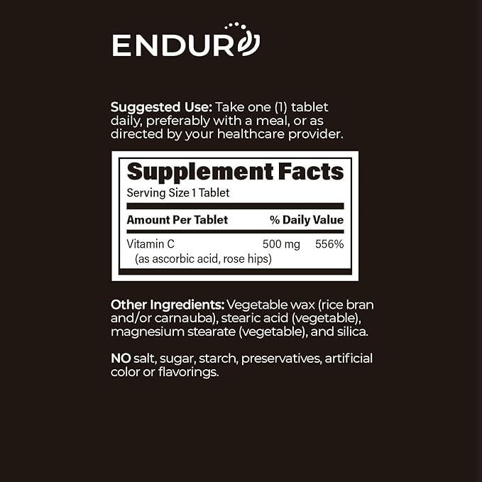 EndurC, Time Release Vitamin C Supplement Tablets for Optimal Absorption, Ascorbic Acid & Vitamin C with Rose HIPS, 500mg, 90 Tablets