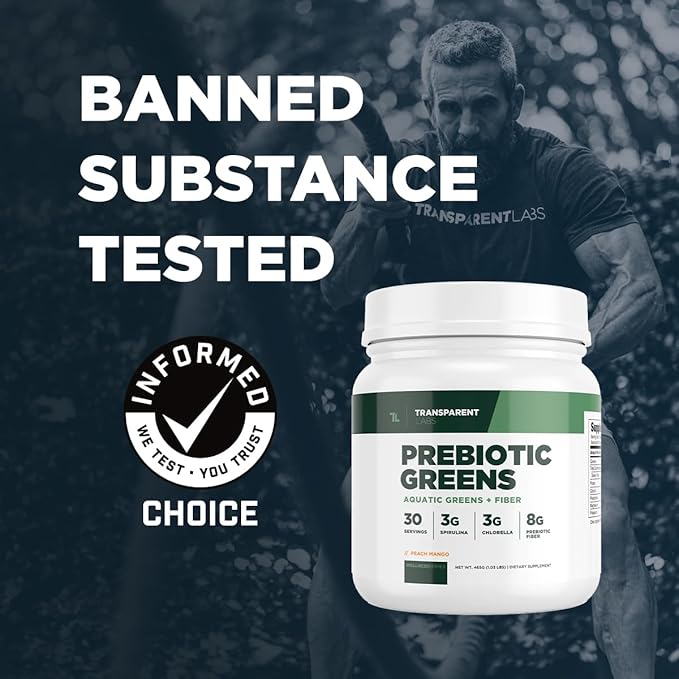 Transparent Labs Prebiotic Greens - Superfood Powder & Antioxidants Supplement with Organic Spirulina, Chloerra, Acacia, & Green Banana Powder - 30 Servings, Peach Mango