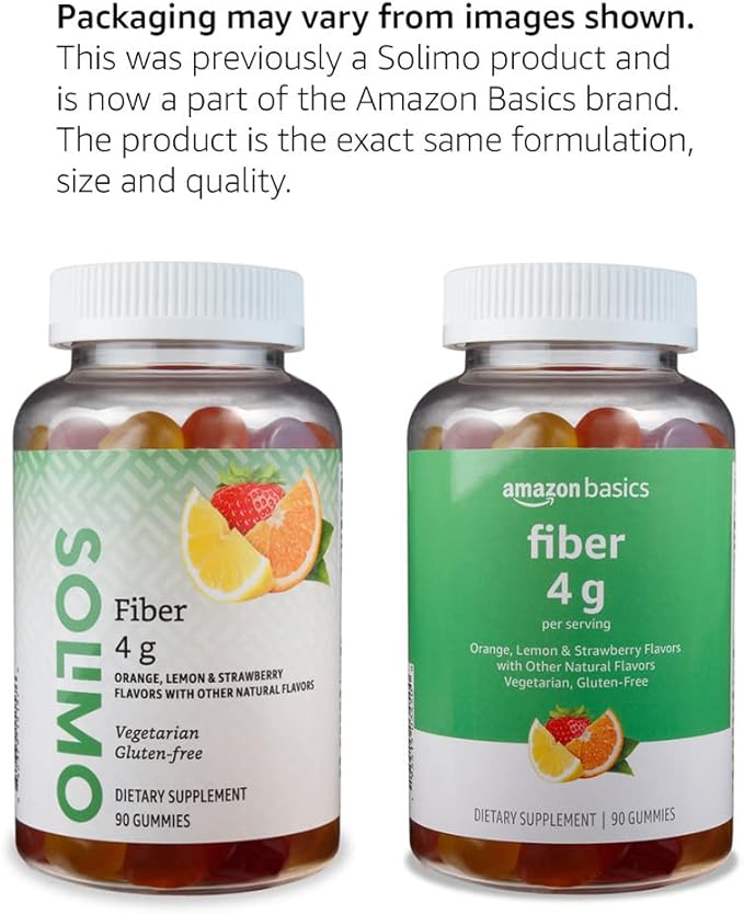 Amazon Basics (previously Solimo Fiber 4g Gummy - Digestive Health, Supports Regularity, Orange, Lemon & Strawberry, 90 Gummies (2 per Serving) (Pack of 2)