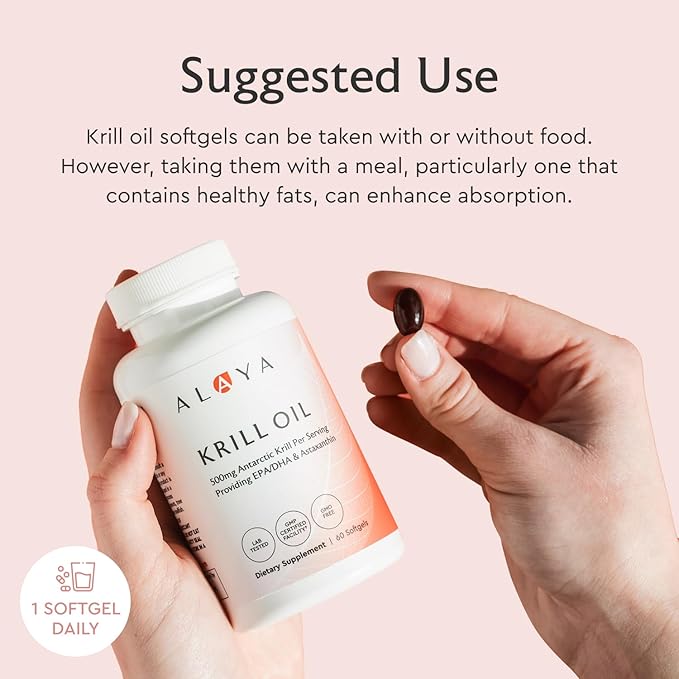 Alaya Naturals - Antarctic Krill Oil 500mg Supplement with Phospholipids, EPA/DHA Omega 3 & Astaxanthin - Non-GMO - PCB Tested Krill Oil - 60 Softgels