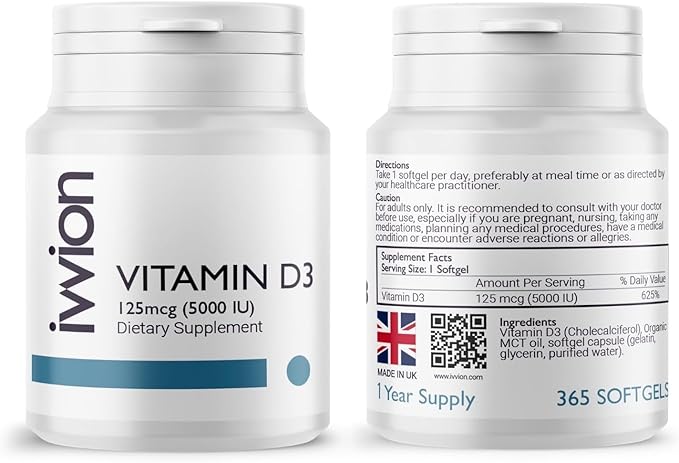 Certified Preservative-Free Vitamin D3 5000 IU Softgels Capsules - Gluten Free, Non-GMO - Vitamin D Supplement Support for Healthy Bones Muscle and Immune System, Made in UK, 365 Count (1 year supply)